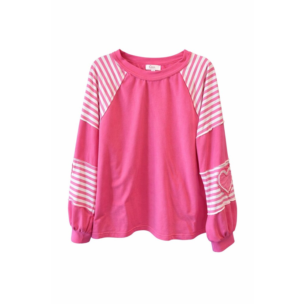 Oddi Medium Pink Striped Sleeve Heart Patch Top Casual Pullover